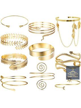10Pc Arm Cuff Bracelet Set Gold Plated Copper Upper Arm Bands Boho Greek Goddess